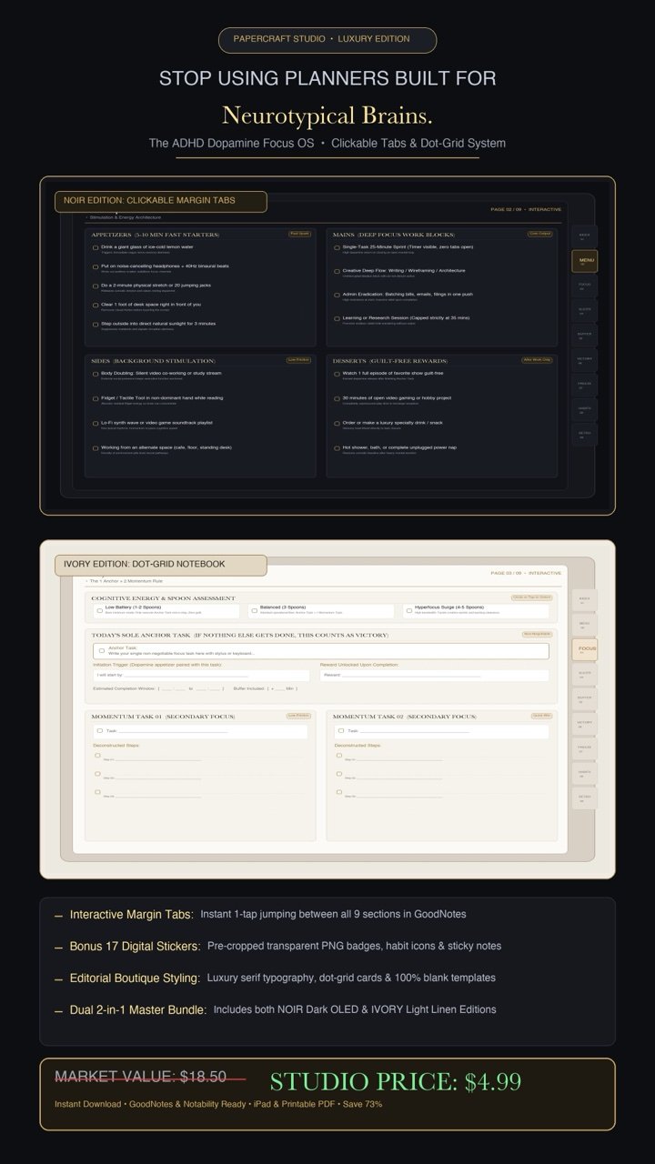 The ADHD Dopamine Focus OS — Low-Friction Daily Planner & System [2-in-1 Dual Bundle]